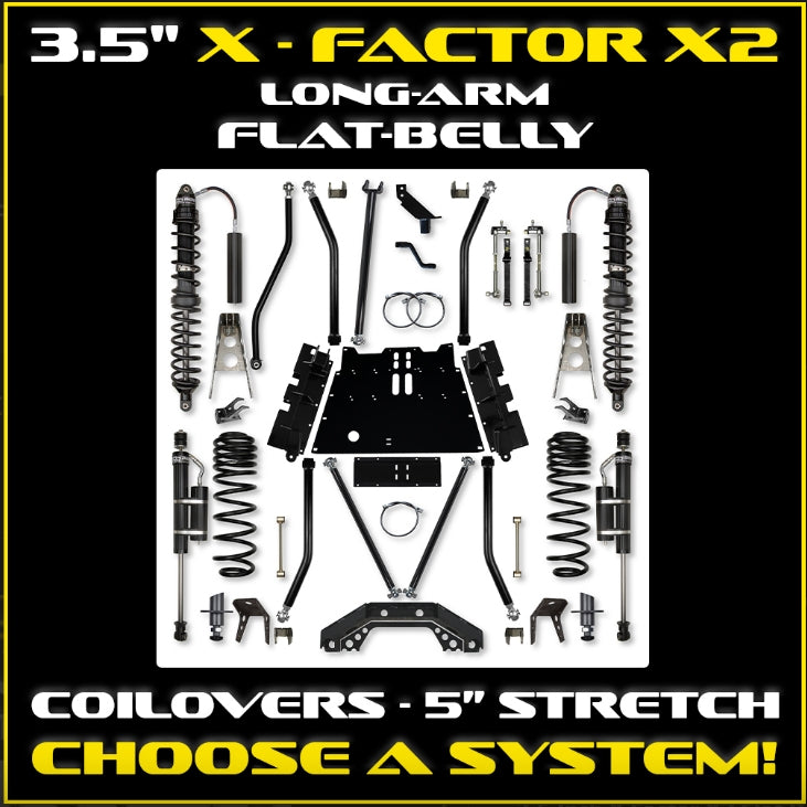 Jeep TJ 3.5" X-Factor X2 Flat Belly Coil Over Long Arm System W/ 5" Stretch